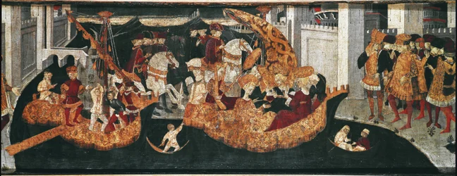 Decameron de Boccaccio (Jean Boccaccio): Chatelain Pericone välkomnar Alatiel, dotter till sultanen av Babylon Beminedab och hennes svit på ön Mallorca (Pericone da Visalgo välkomnar Alatiel dotter till Beminedab, Sultanen av Babylon, på hej