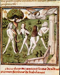 Adam och Eva plockar den försvarade frukten Miniatyr av mästaren av damernas mästare (1400-talet) från manuskriptet "" Des hommes illustres"" av Giovanni Boccaccio (Jean Boccaccio) (1313-1375). 1400-talet. Carpentras. Inguimbertins bibliotek