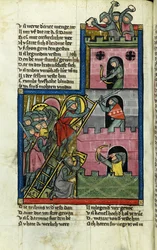 Att ta ett slott i Jerusalem (Från världens krönika (Weltchronik) av Rudolf von Ems) - Mästare i världens krönika (Weltchronik) (aktiv ca 1300) - ca. 1300 - Akvarell på pergament - Kantonsbibliothek St. Gallen