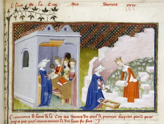 Harley 4431, f.290, Detalj av en miniatyr av Christine före personifieringarna av Reason, Rectitude and Justice och Christine with Reason bygger Cité des Dames (vellum)