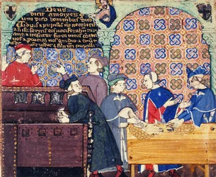 Girighet. En miniatyr med scener av bankverksamhet