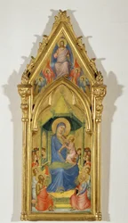 Madonna på tron mellan två änglar, Johannes Döparen och Petrus (målning på trä)