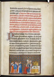 Cotton Tiberius B. VIII f. 49r Kungen offrar svärdet på altaret, illustration ur Karl V:s, Frankrikes kungs, kröningsbok