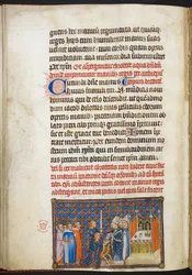 Cotton Tiberius B. VIII f.56v Ärkebiskopen av Reims sätter handskarna på kungens händer, ur ”Kröningsboken för Karl V, kung av Frankrike”