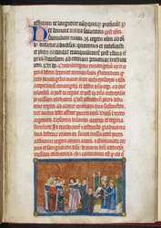 Cotton Tiberius B. VIII f. 65r Drottningen går in i katedralen, ur Karl V:s, Frankrikes kungs, kröningsbok