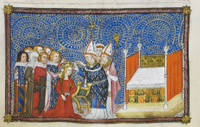 Cotton Tiberius B. VIII f.69v Ärkebiskopen av Reims sätter kronan på drottningens huvud medan baronerna stödjer hennes krona, illustration ur 