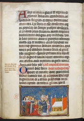 Cotton Tiberius B. VIII f.69v, Ärkebiskopen av Reims placerar kronan på drottningens huvud och baronerna stöder hennes krona, illustration ur 