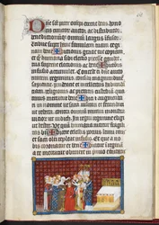 Cotton Tiberius B. VIII f.70r Baroner stödjer drottningens krona, ur 