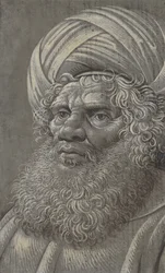 Huvudet på en skäggig man som bär en turban recto, latinsk skrift tergo, ca. 1510.