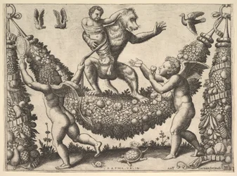 En apa som håller en bunden putto stående på en krans framför vilken två bevingade p..., 1530-60.