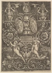 En prydnadspanel, putti stående på ymnighetshorn i nedre delen, 1530-60.