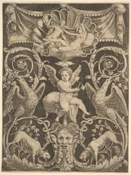 En prydnadspanel med en putto i mitten som håller en väderkvarn, 1532.
