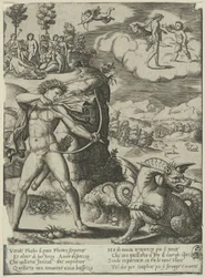 Apollo Slaying Python, platta ett från The History of Apollo and Daphne