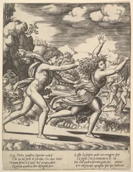 Apollo jagar Daphne som slår upp armarna, i bakgrunden till höger visar mamman..., 1530-60.