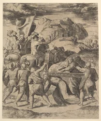 Kristus bär korset omgiven av soldater, flera till häst, 1530-60.