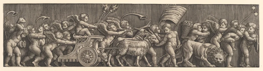 Frisarrangemang som skildrar kärlekens triumf, Amor i en vagn ledd av getter, man..., 1530-60.