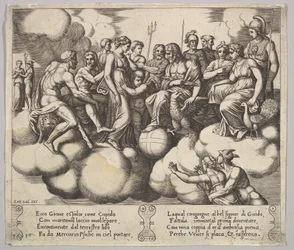 Platta 30: Venus och Amor vädjar om sin sak i närvaro av Jupiter och andra gudar..., 1530-60.