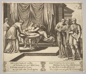 Tavla 8: Psyche sittande vid ett bord och deltog av osynliga tjänare, Eros bredvid g..., 1530-60.