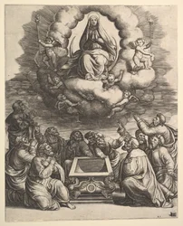 Jungfruns antagande, nedanför apostlarna omger graven, 1530-60.