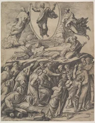 Kristi förvandling som uppenbarar sig i övre mitten, under honom olika figurer inkl..., 1530-60.