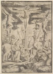 Centurionens omvändelse som slår upp sina armar inför Kristus på korset, 1532.