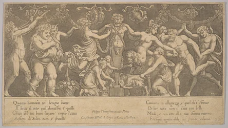 Offret till Priapus som är i form av en staty i mitten, Bacchus och en sa..., 1530-60.