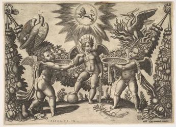 Två putti presenterar bägare fulla av guld till en putto i skepnad av rikedomens gud..., ca. 1530-40.