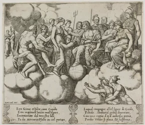 Venus och Amor vädjar om sin sak i närvaro av Jupiter och andra gudar