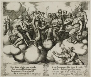 Venus och Amor vädjar om sin sak i närvaro av Jupiter och andra gudar