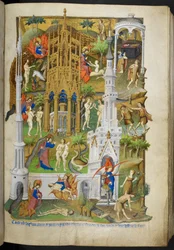 add_ms_18850_f014r Scener från skapelsen och fallet, från "The Bedford Hours"