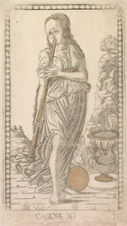 Calliope från Tarocchi-serien D: Apollo and the Muses, #11, före 1467.