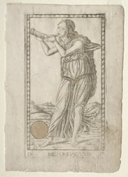 Melpomene-tragedi från Tarocchi-serien D: Apollo and the Muses, #17, före 1467.