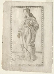 Temperance från Tarocchi, serie B: Cosmic Principles & Virtues, #34, före 1467.