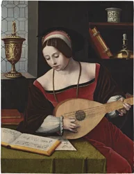 Holländska: St Mary Magdalene musing En kvinnlig lutenist