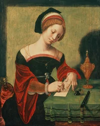 Porträtt av en dam som Magdalen (tempera på panel)