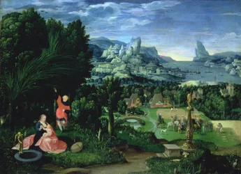 Vila på flykten till Egypten, landskap målat av Joachim Patinir (fl.1515-25) (panel)