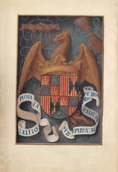 Hours of Queen Isabella the Catholic, Queen of Spain: Fol. 1v, Arms and Mottoes of Isabel..., c1500.