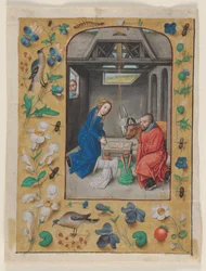 Blad utskuret ur en timbok: The Nativity, ca 1480 (bläck, tempera och flytande guld på pergament)
