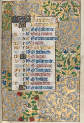 Tidsbok Användning av Rouen: fol. 1r, utarbetad folierad kant, ca. 1470.