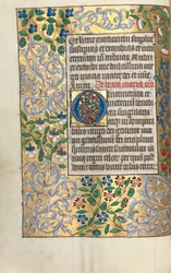 Tidsbok Användning av Rouen: fol. 22v, stort initialt O med utarbetad kant, ca. 1470.