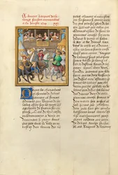 Jacques de Lalaing anländer till en tornerspelstävling med grevarna av Maine och Saint Pol