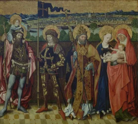 St. Anne, Jungfrun och barnet, St. Christopher, St. Gereon och St. Peter i ett landskap, som visar Köln och de sju kullarna, ca 1460-80 (ek)