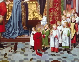 The Seven Joys of the Virgin Altarpiece: detalj av en gosskör, ca 1480 (panel) (detalj av 5896)