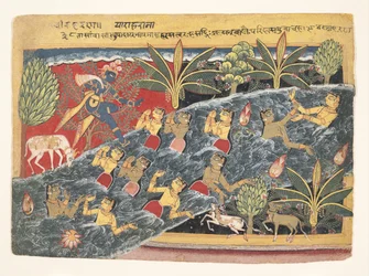 The Gopis vädjar till Krishna att lämna tillbaka sina kläder: Folio från Isarda Bhagavata..., ca. 1560-65