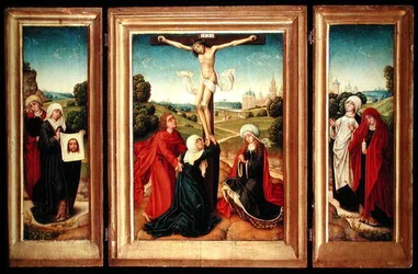Triptyk med den centrala panelen föreställande korsfästelsen med Jungfrun, St. Johannes och Maria Magdalena; den vänstra flygeln: St. Veronica och en kvinnlig helgon; och högervingen: The Two Marys (olja på panel)