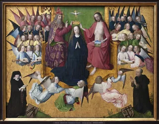 Marias kröning. Framställning av den heliga treenigheten: Gud, Jesus Kristus och den helige Andes duva. Målning av Mästaren till Lyversbergpassionen (verksam 1460-1490), tidig tysk konst från 1400-talet. München, Alte