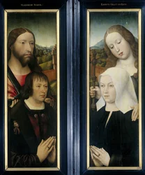 Två vingar av en triptyk med donatorn, Thomas Isaacq, åtföljd av Saint Thomas (vänster, yttre flygeln), och donatorns fru tillsammans med Saint Margaret (höger, yttre flygeln)