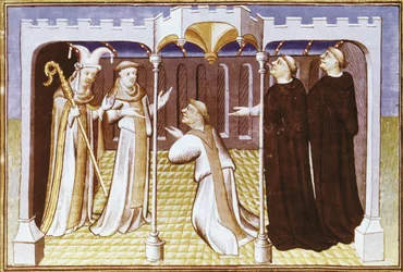 Broder Ricoldo da Monte di Croce inför nestorianerna - RICOLDO DA MONTE DI CROCE (1242-1320). Italiensk dominikanbroder, stor specialist på islam. Broder Ricoldo da Monte di Croce inför nestorianerna. Verk av Mästaren av Mazarine