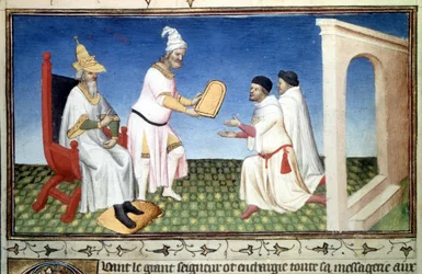 Marco och Maffeo Polo tar emot gåvor från Kublai Khan. Miniatyr ur "Underverkens bok" ("Beskrivning av världen", "Il Milione") av Marco Polo (1254-1324) (Ms. 2810, folio 3v), illuminerad av Mazarine-mästaren, cirka 1410-1412