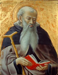 Saint Anthony, Abbe Representation of Saint Anthony the Great (250/251-356) (eller Saint Anthony the Eremit). Målning på trä av Mästaren of Observance (aktiv omkring 1425-1450) Sön. 0,73x0,59 m